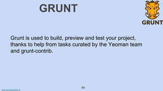 www.aurorasolutions.io
54
GRUNT
Grunt is used to build, preview and test your project,
thanks to help from tasks curated by the Yeoman team
and grunt-contrib.
 