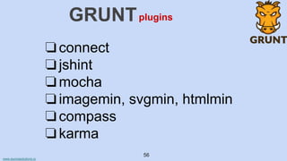 www.aurorasolutions.io
56
GRUNT
❏connect
❏jshint
❏mocha
❏imagemin, svgmin, htmlmin
❏compass
❏karma
plugins
 