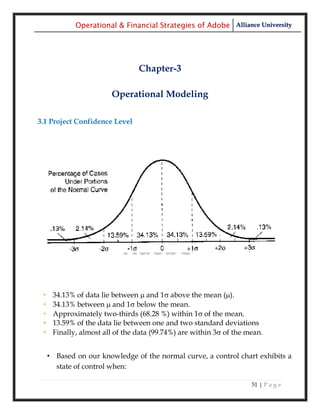 Operational & Financial Strategies of Adobe Alliance University




                                 Chapter-3

                        Operational Modeling

3.1 Project Confidence Level




 •    34.13% of data lie between  and 1 above the mean ().
 •    34.13% between  and 1 below the mean.
 •    Approximately two-thirds (68.28 %) within 1 of the mean.
 •    13.59% of the data lie between one and two standard deviations
 •    Finally, almost all of the data (99.74%) are within 3 of the mean.


     • Based on our knowledge of the normal curve, a control chart exhibits a
       state of control when:

                                                                     51 | P a g e
 