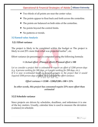 Operational & Financial Strategies of Adobe Alliance University

         ♥ Two thirds of all points are near the center value.

         ♥ The points appear to float back and forth across the centerline.

         ♥ The points are balanced on both sides of the centerline.

         ♥ No points beyond the control limits.

         ♥ No patterns or trends.

3.2 Earned value Analysis

3.2.1 Effort variance

The project is likely to be completed within the budget or The project is
likely to cost 25% more than what was projected earlier‖, etc.

Effort variance (in percentage) is computed using the following formula:

            = (Actual effort –Planned effort) /Planned effort x 100

Let us consider a project that is estimated to require an effort of 1200 person-days
(e.g. 4 persons working for 300 days, or 6 people working for 200 days, etc.).
If it is now re-estimated based on current scenario in the project that it would
required 1500 person-days of effort, let us compute the effort variance:

               Effort variance = (1500 - 1200)/1200 x 100 = 25%

  In other words, this project has consumed require 25% more effort than
                                 estimated


3.2.2 Schedule variance

Since projects are driven by schedules, deadlines, and milestones it is one
of the key metrics. Usually, calendar time is used to measure the deviation
(variance) in schedule.



                                                                        52 | P a g e
 