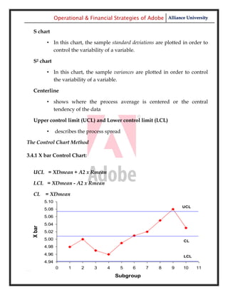 Operational & Financial Strategies of Adobe Alliance University

  S chart

           • In this chart, the sample standard deviations are plotted in order to
             control the variability of a variable.

  S2 chart

           • In this chart, the sample variances are plotted in order to control
             the variability of a variable.

  Centerline

           • shows where the process average is centered or the central
             tendency of the data

  Upper control limit (UCL) and Lower control limit (LCL)

           •     describes the process spread

The Control Chart Method

3.4.1 X bar Control Chart:


  UCL = XDmean + A2 x Rmean

  LCL = XDmean - A2 x Rmean

  CL = XDmean
          5.10
                                                                       UCL
          5.08
          5.06
          5.04
  X bar




          5.02
          5.00                                                          CL
          4.98
          4.96                                                          LCL
          4.94
                 0     1    2    3     4    5    6    7     8     9     10     11

                                           Subgroup                   56 | P a g e
 