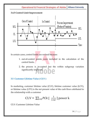 Operational & Financial Strategies of Adobe Alliance University

3.4.5 Control Limit Improvement




In certain cases, control limits are revised because:

         1. out-of-control points were included in the calculation of the
            control limits.

         2. the process is in-control but the within subgroup variation
            significantly improves.



3.5 Customer Lifetime Value ( CLV )


In marketing, customer lifetime value (CLV), lifetime customer value (LCV),
or lifetime value (LTV) is the net present value of the cash flows attributed to
the relationship with a customer

                CLV = ∑                             ] power k

CLV: Customer Lifetime Value


                                                                   59 | P a g e
 