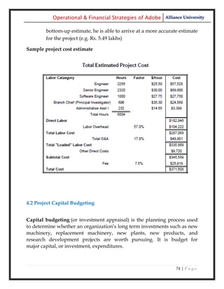 Operational & Financial Strategies of Adobe Alliance University

        bottom-up estimate, he is able to arrive at a more accurate estimate
        for the project (e.g. Rs. 5.49 lakhs)

Sample project cost estimate




4.2 Project Capital Budgeting


Capital budgeting (or investment appraisal) is the planning process used
to determine whether an organization‘s long term investments such as new
machinery, replacement machinery, new plants, new products, and
research development projects are worth pursuing. It is budget for
major capital, or investment, expenditures.



                                                                  74 | P a g e
 