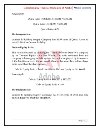 Operational & Financial Strategies of Adobe Alliance University

An example

                Quick Ratio = $261,050- $156,822 / $176,522

                      Quick Ratio = $104,228 / $176,522

                             Quick Ratio = 0.59

The Interpretation:

Lumber & Building Supply Company has $0.59 cents of Quick Assets to
meet $1.00 of its Current Liability

Debt to Equity Ratio:

This ratio is obtained by dividing the 'Total Liability or Debt ' of a company
by its 'Owners Equity a.k.a Net Worth'. The ratio measures how the
company is leveraging its debt against the capital employed by its owners.
If the liabilities exceed the net worth then in that case the creditors have
more stake than the shareowners.

    Debt to Equity Ratio = Total Liabilities / Owners Equity or Net Worth

An example

                 Debt to Equity Ratio = $186,522 / $133,522

                         Debt to Equity Ratio = 1.40

The Interpretation:

Lumber & Building Supply Company has $1.40 cents of Debt and only
$1.00 in Equity to meet this obligation.

.




                                                                    89 | P a g e
 