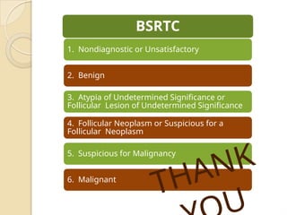 1. Nondiagnostic or Unsatisfactory
2. Benign
3. Atypia of Undetermined Significance or
Follicular Lesion of Undetermined Significance
4. Follicular Neoplasm or Suspicious for a
Follicular Neoplasm
5. Suspicious for Malignancy
6. Malignant
THANK
U
BSRTC
 