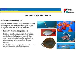ANCAMAN BAHAYA DI LAUT
Potensi Bahaya Biologis (2):
Adalah potensi bahaya yang disebabkan oleh
bintang laut, dalam hal ini terbagi menjadi
dua jenis: Predator & bukan predator
• Bukan Predatorc (Non predators)
Binatang binatang bukan predator dapat
menjadi membahayakan manusia jika
terprofokasi atau bahkan hanya jika kita
bersinggungan / bersentuhan dengan
mereka.
Contoh : Ubur ubur penyengat, ikan singa, ikan pari,
ikan paus, barakuda, belut laut, ular laut dll.
 