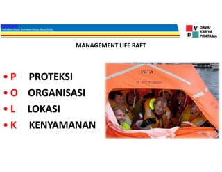 MANAGEMENT LIFE RAFT
• P PROTEKSI
• O ORGANISASI
• L LOKASI
• K KENYAMANAN
 