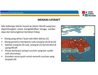 MENAIKI LIFERAFT
Ada beberapa teknik masuk ke dalam liferaft yang bisa
diperhitungkan untuk mengefektifkan tenaga, sumber
daya dan kemungkinan bertahan hidup
• Orang yang sehat / kuat naik lebih dahulu (1)
• Orang pertama membantu naik orang ke (2) & ke (3)
• Setelah orang ke (3) naik, orang ke (1) beristirahat di
ujung liferaft
• Proses berlanjut sampai survivor yang lain sudah
naik seluruhnya
• Gunakan recue quoit untuk menarik survivor yang
terpisah (4)
1
2
3
4
 