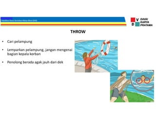 THROW
• Cari pelampung
• Lemparkan pelampung, jangan mengenai
bagian kepala korban
• Penolong berada agak jauh dari dek
 