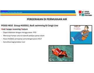 PERGERAKAN DI PERMUKAAN AIR
POSISI HELP, Group HUDDLE, Back swimming & Congo Line
Heat Escape Lessening Posture
– Dapat dilakukan dengan menggunakan PFD
– Menutupi hampir seluruh daerah pelepas panas tubuh
– Posisi HUDDLE prinsipnya sama dengan posisi HELP
– Kamuflase bagi predator laut
 