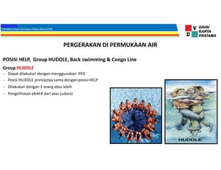 PERGERAKAN DI PERMUKAAN AIR
POSISI HELP, Group HUDDLE, Back swimming & Congo Line
Group HUDDLE
– Dapat dilakukan dengan menggunakan PFD
– Posisi HUDDLE prinsipnya sama dengan posisi HELP
– Dilakukan dengan 3 orang atau lebih
– Pengelihatan efektif dari atas (udara)
 