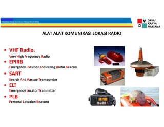 ALAT ALAT KOMUNIKASI LOKASI RADIO
• VHF Radio.
Very High Frequency Radio
• EPIRB
Emergency Position Indicating Radio Beacon
• SART
Search And Rascue Transponder
• ELT
Emergency Locator Transmitter
• PLB
Personal Location Beacons
 