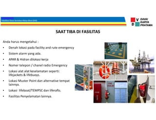 Anda harus mengetahui :
• Denah lokasi pada facility and rute emergency
• Sistem alarm yang ada.
• APAR & Hidran dilokasi kerja
• Nomer telepon / chanel radio Emergency
• Lokasi alat alat keselamatan seperti:
lifejackets & lifebuoys.
• Lokasi Muster Point dan alternative tempat
lainnya.
• Lokasi lifeboat/TEMPSC dan liferafts.
• Fasilitas Penyelamatan lainnya.
SAAT TIBA DI FASILITAS
 