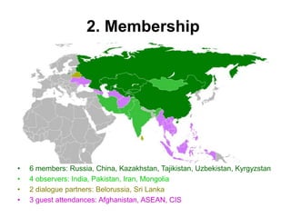 2. Membership
• 6 members: Russia, China, Kazakhstan, Tajikistan, Uzbekistan, Kyrgyzstan
• 4 observers: India, Pakistan, Iran, Mongolia
• 2 dialogue partners: Belorussia, Sri Lanka
• 3 guest attendances: Afghanistan, ASEAN, CIS
 