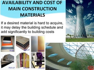 AVAILABILITY AND COST OF
MAIN CONSTRUCTION
MATERIALS
If a desired material is hard to acquire,
it may delay the building schedule and
add significantly to building costs
 