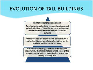 EVOLUTION OF TALL BUILDINGS
Reinforced concrete established.
Architectural emphasis on reasons, functional and
technological facts. Transition of structural systems
from rigid frame to more efficient structural
systems
Steel structures and sophisticated services such as
mechanical lifts and ventilation, limitations on the
height of buildings were removed
Masonry wall bearing structures with thick and
messy walls. The horizontal and lateral loads of the
structures were mainly resisted solely by the load
bearing masonry wall
 