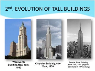 2nd. EVOLUTION OF TALL BUILDINGS
Woolworth
Building,New York,
1930
Chrysler Building,New
York, 1930
Empire State Building,
New York, 1931 (highest
structure in 19th century)
 