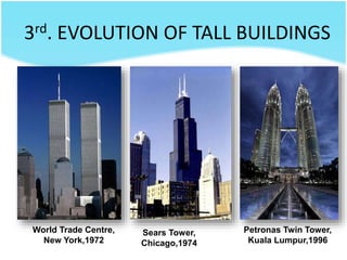 3rd. EVOLUTION OF TALL BUILDINGS
World Trade Centre,
New York,1972
Sears Tower,
Chicago,1974
Petronas Twin Tower,
Kuala Lumpur,1996
 