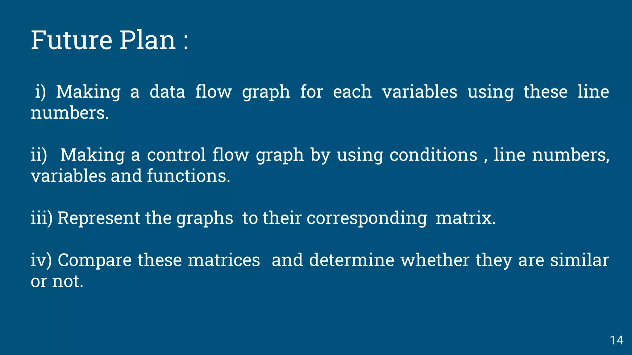 Future Plan :
i) Making a data flow graph for each variables using these line
numbers.
ii) Making a control flow graph by using conditions , line numbers,
variables and functions.
iii) Represent the graphs to their corresponding matrix.
iv) Compare these matrices and determine whether they are similar
or not.
14
 