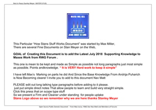 Rest In Peace Stanley Meyer WATER IS FUEL
Open Source Public Domain Document From Max Icarus RWG Dan Nav Matt and Members of Forums
This Particular “How Stans Stuff Works Document” was started by Max Miller,
There are several Fine Documents on Stan Meyer on the Web,
GOAL of Creating this Document is to add the Latest July 2018 Supporting Knowledge to
Maxes Work from RWG Forum .
This one is mean to be kept and made as Simple as possible not long paragraphs just most simple
as possible. Points andknowledge. “ It is VERY Hard work to keep it simple”
I have left Max’s Marking on parts he did And Since the Base Knowledge From Andrija Puharich
is Now Becoming clearer I invite you to add to this document Nav Matt
PLEASE edit out long talking type paragraphs before adding to it please.
just put simple direct notes That allow people to learn and build very straight simple.
Click this press that on scope type stuff
So we present a Firm and Cleaner under standing for people uptake
Stans Logo above so we remember why we are here thanks Stanley Meyer
 