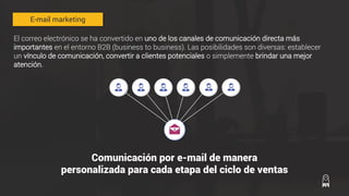 El correo electrónico se ha convertido en uno de los canales de comunicación directa más
importantes en el entorno B2B (business to business). Las posibilidades son diversas: establecer
un vínculo de comunicación, convertir a clientes potenciales o simplemente brindar una mejor
atención.
E-mail marketing
Comunicación por e-mail de manera
personalizada para cada etapa del ciclo de ventas
 
