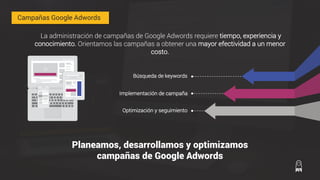 La administración de campañas de Google Adwords requiere tiempo, experiencia y
conocimiento. Orientamos las campañas a obtener una mayor efectividad a un menor
costo.
Planeamos, desarrollamos y optimizamos
campañas de Google Adwords
Búsqueda de keywords
Implementación de campaña
Optimización y seguimiento
Campañas Google Adwords
 