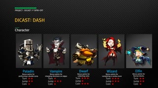 PROJECT : DICAST 1st SPIN-OFF
Paladin
Bonus points for
performing a double jump
Vampire
Bonus points for
changing directions on edges
Dwarf
Bonus points for
collecting coins
Wizard
Bonus points for
completing a combo move
Turn ★ ★
Jump ★ ★
Coin ★
Turn ★
Jump ★ ★ ★
Coin ★
Turn ★ ★ ★
Jump ★
Coin ★ ★ ★
Turn ★ ★ ★
Jump ★ ★ ★
Coin ★
Character
DICAST: DASH
Elfin
Bonus points for
Normal blocks
Turn ★ ★
Jump ★ ★
Coin ★
 
