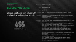 BSS COMPANY Co.,Ltd.
We are creating a new future with
challenging and creative people.
BSS COMPANY BSS Company Inc.
Seung Keun Lee
April 2015
#5,6 23, Nonhyeon-ro 150-gil, Gangnam-gu, Seoul, Korea
BSS COMPANY Operation & Service, Marketing, Entertainment,
Franchise Business
BSS STUDIO Games & Web Development
2016.12 Dicast: Dash, Indonesia publishing contract with PT. Cube
Permainan.
2016.11 Dicast: Dash ,Iran publishing agreement with digicaviar
2016.11 Participate in G- Star game show
2016.10 Dicast: Dash ,set-top TV service agreement with Entrix co.
2016.09 Participated in the 2016 Gwangju ACE Fair
2016.05 Dicast: Dash contract to service into kaKao game
2016.05 Participated game exposition (PlayX4) B2B export
consultation
2016.04 Released DICAST: DASH, a casual mobile game on iOS
and Android
2016.01 Signed a third party partnership contract with Sony
Computer Entertainment
2015.11 Hosted BSS COMPANY Starcraft League Season 2
2015.08 Hosted BSS COMPANY Starcraft League Season 1
2015.04 Incorporation established
Company
CEO
Found
Location
Business
Company
History
BSS COMPANY Inc.
 