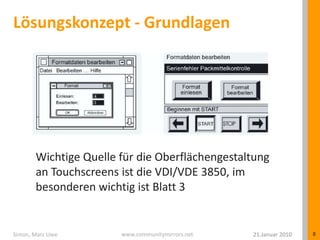 Lösungskonzept - Grundlagen21.Januar 2010Simon, Marc Uwe8Wichtige Quelle für die Oberflächengestaltung an Touchscreens ist die VDI/VDE 3850, im besonderen wichtig ist Blatt 3