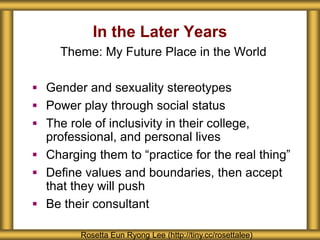 In the Later Years
Rosetta Eun Ryong Lee (http://tiny.cc/rosettalee)
Theme: My Future Place in the World
 Gender and sexu...