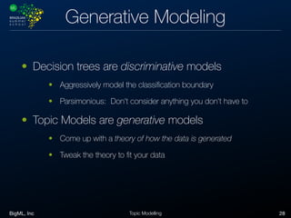 BigML, Inc 28Topic Modelling
Generative Modeling
• Decision trees are discriminative models
• Aggressively model the classiﬁcation boundary
• Parsimonious: Don’t consider anything you don’t have to
• Topic Models are generative models
• Come up with a theory of how the data is generated
• Tweak the theory to ﬁt your data
 