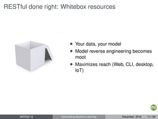 RESTful done right: Whitebox resources
• Your data, your model
• Model reverse engineering becomes
moot
• Maximizes reach (Web, CLI, desktop,
IoT)
#BSSML16 Automating Machine Learning December 2016 11 / 29
 
