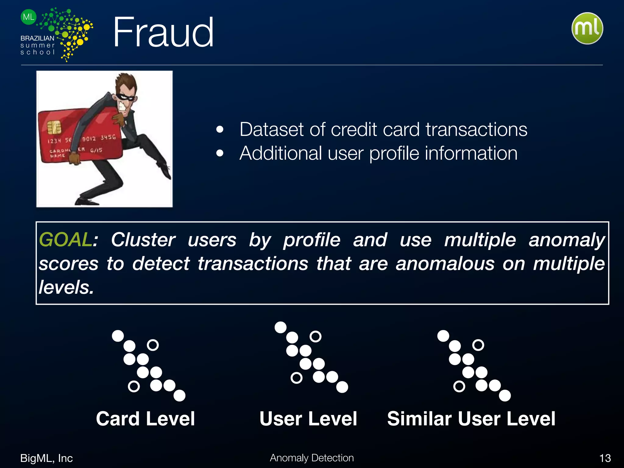 BigML, Inc 13Anomaly Detection
Fraud
• Dataset of credit card transactions
• Additional user proﬁle information
GOAL: Cluster users by profile and use multiple anomaly
scores to detect transactions that are anomalous on multiple
levels.
Card Level User Level Similar User Level
 