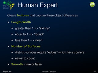 BigML, Inc 23Anomaly Detection
Human Expert
• Length/Width
• greater than 1 => “skinny”
• equal to 1 => “round”
• less than 1 => invert
• Number of Surfaces
• distinct surfaces require “edges” which have corners
• easier to count
• Smooth - true or false
Create features that capture these object differences
 