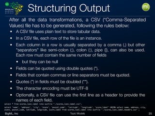 BigML, Inc 25Topic Models
Structuring Output
• A CSV ﬁle uses plain text to store tabular data.
• In a CSV ﬁle, each row of the ﬁle is an instance.
• Each column in a row is usually separated by a comma (,) but other
"separators" like semi-colon (;), colon (:), pipe (|), can also be used.
Each row must contain the same number of ﬁelds
• but they can be null
• Fields can be quoted using double quotes (").
• Fields that contain commas or line separators must be quoted.
• Quotes (") in ﬁelds must be doubled ("").
• The character encoding must be UTF-8
• Optionally, a CSV ﬁle can use the ﬁrst line as a header to provide the
names of each ﬁeld.
After all the data transformations, a CSV (“Comma-Separated
Values) file has to be generated, following the rules below:
select * from scores_last_label into outfile "./scores_last_label.csv";
select 'name', 'address', 'city', 'state', 'postal_code', 'latitude', 'longitude', 'score_label' UNION select name, address, city,
state, postal_code, latitude, longitude, score_label from scores_last_label into outfile "./scores_last_label_headers.csv" ;
 