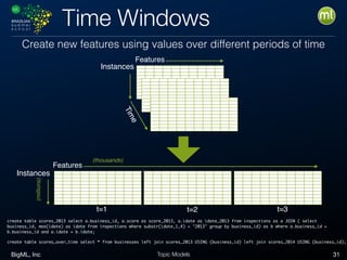 BigML, Inc 31Topic Models
Time Windows
Create new features using values over different periods of time
Instances
Features
Time
Instances
Features
(millions)
(thousands)
t=1 t=2 t=3
create table scores_2013 select a.business_id, a.score as score_2013, a.idate as idate_2013 from inspections as a JOIN ( select
business_id, max(idate) as idate from inspections where substr(idate,1,4) = "2013" group by business_id) as b where a.business_id =
b.business_id and a.idate = b.idate;
create table scores_over_time select * from businesses left join scores_2013 USING (business_id) left join scores_2014 USING (business_id);
 
