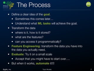 BigML, Inc 7Topic Models
The Process
• Deﬁne a clear idea of the goal.
• Sometimes this comes later…
• Understand what ML tasks will achieve the goal.
• Transform the data
• where is it, how is it stored?
• what are the features?
• can you access it programmatically?
• Feature Engineering: transform the data you have into
the data you actually need.
• Evaluate: Try it on a small scale
• Accept that you might have to start over….
• But when it works, automate it!!!!
 