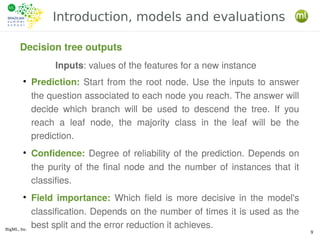 BigML, Inc.
9
Introduction, models and evaluations
Decision tree outputs
●
Prediction: Start from the root node. Use the i...