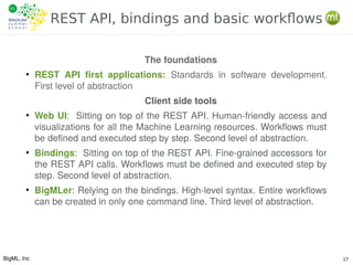 BigML, Inc 17
REST API, bindings and basic workflows
The foundations
●
REST API first applications: Standards in software development.
First level of abstraction
Client side tools
●
Web UI: Sitting on top of the REST API. Human-friendly access and
visualizations for all the Machine Learning resources. Workflows must
be defined and executed step by step. Second level of abstraction.
●
Bindings: Sitting on top of the REST API. Fine-grained accessors for
the REST API calls. Workflows must be defined and executed step by
step. Second level of abstraction.
●
BigMLer: Relying on the bindings. High-level syntax. Entire workflows
can be created in only one command line. Third level of abstraction.
 