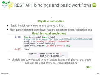 BigML, Inc 18
REST API, bindings and basic workflows
.
BigMLer automation
●
Basic 1-click workflows in one command line
●
Rich parameterized workflows: feature selection, cross-validation, etc.
●
Models are downloaded to your laptop, tablet, cell phone, etc. once
and can be used offline to create predictions
Still..
Great for local predictions
 