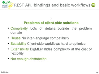 BigML, Inc 19
REST API, bindings and basic workflows
.
Problems of client-side solutions
●
Complexity Lots of details outside the problem
domain
●
Reuse No inter-language compatibility
●
Scalability Client-side workflows hard to optimize
●
Extensibility BigMLer hides complexity at the cost of
flexibility
●
Not enough abstraction
 
