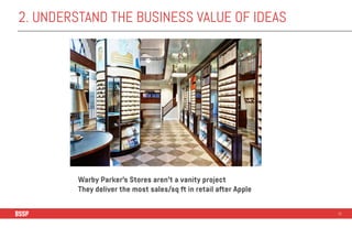 2. UNDERSTAND THE BUSINESS VALUE OF IDEAS
31
Warby Parker’s Stores aren’t a vanity project
They deliver the most sales/sq ...