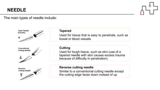 The main types of needle include:
Reverse cutting needle
Similar to a conventional cutting needle except
the cutting edge faces down instead of up
Cutting
Used for tough tissue, such as skin (use of a
tapered needle with skin causes excess trauma
because of difficulty in penetration)
NEEDLE
Tapered
Used for tissue that is easy to penetrate, such as
bowel or blood vessels
 