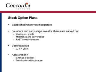 Stock Option Plans 
• Established when you incorporate 
• Founders and early stage investor shares are carved out 
– Vesting vs. grants 
– Milestones and deliverables 
– FAST Model Valuation 
• Vesting period 
– 2, 3, 4 years 
• Acceleration? 
– Change of control 
– Termination without cause 
 