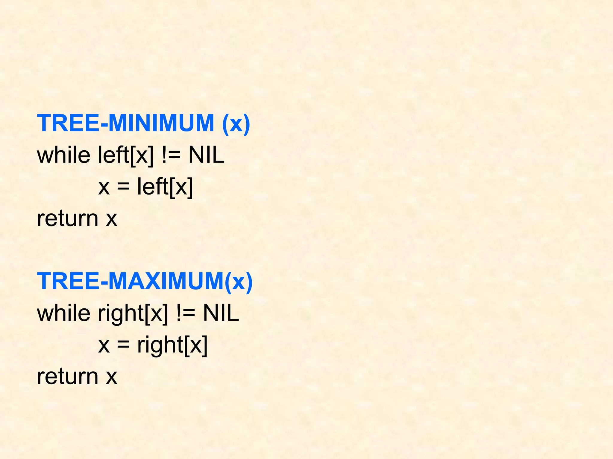 TREE-MINIMUM (x)
while left[x] != NIL
x = left[x]
return x
TREE-MAXIMUM(x)
while right[x] != NIL
x = right[x]
return x
 
