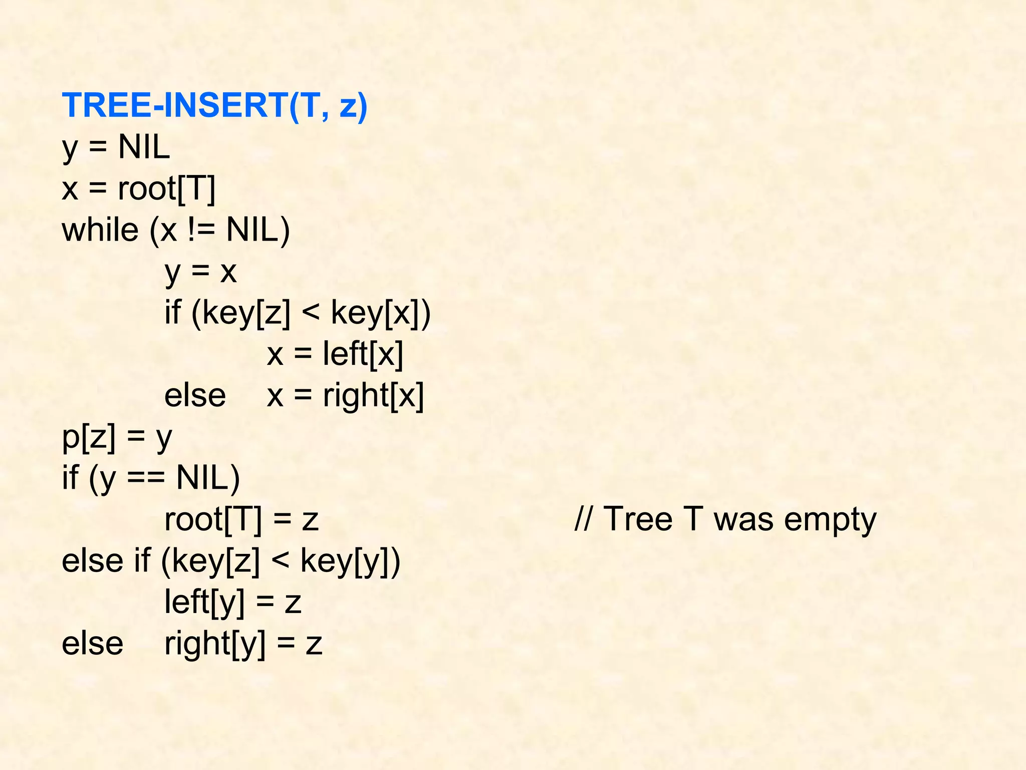 TREE-INSERT(T, z)
y = NIL
x = root[T]
while (x != NIL)
y = x
if (key[z] < key[x])
x = left[x]
else x = right[x]
p[z] = y
if (y == NIL)
root[T] = z // Tree T was empty
else if (key[z] < key[y])
left[y] = z
else right[y] = z
 