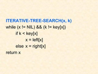 ITERATIVE-TREE-SEARCH(x, k)
while (x != NIL) && (k != key[x])
if k < key[x]
x = left[x]
else x = right[x]
return x
 
