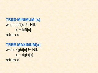 TREE-MINIMUM (x)
while left[x] != NIL
x = left[x]
return x
TREE-MAXIMUM(x)
while right[x] != NIL
x = right[x]
return x
 