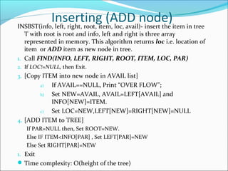Inserting (ADD node)INSBST(info, left, right, root, item, loc, avail)- insert the item in tree
T with root is root and info, left and right is three array
represented in memory. This algorithm returns loc i.e. location of
item or ADD item as new node in tree.
1. Call FIND(INFO, LEFT, RIGHT, ROOT, ITEM, LOC, PAR)
2. If LOC!=NULL, then Exit.
3. [Copy ITEM into new node in AVAIL list]
a) If AVAIL==NULL, Print “OVER FLOW”;
b) Set NEW=AVAIL, AVAIL=LEFT[AVAIL] and
INFO[NEW]=ITEM.
c) Set LOC=NEW,LEFT[NEW]=RIGHT[NEW]=NULL
4. [ADD ITEM to TREE]
If PAR=NULL then, Set ROOT=NEW.
Else IF ITEM<INFO[PAR] , Set LEFT[PAR]=NEW
Else Set RIGHT[PAR]=NEW
1. Exit
Time complexity: O(height of the tree)
 