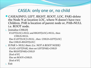 CASEA: only one or, no child
CASEA(INFO, LEFT, RIGHT, ROOT, LOC, PAR)-delete
the Node N at location LOC, where N doesn’t have two
Children. PAR is location of parent node or, PAR=NULL
i.e. ROOT node.
1. [initialize CHILD]
If LEFT[LOC]=NULL and RIGHT[LOC]=NULL, then
CHILD=NULL
Else if LEFT[LOC]!=NULL , then CHILD=LEFT[LOC]
Else CHILD=RIGHT[LOC]
1. If PAR != NULL then: (i.e. NOT A ROOT NODE)
If LOC=LEFT[PAR], then set LEFT[PAR]=CHILD
Else RIGHT[PAR]=CHILD
[End of IF]
Else set ROOT=CHILD.
[End of IF]
1. Exit
 